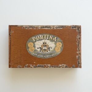 Vintage Wooden Portina Cigar Box w/ Labels & Attached Lid (Empty)